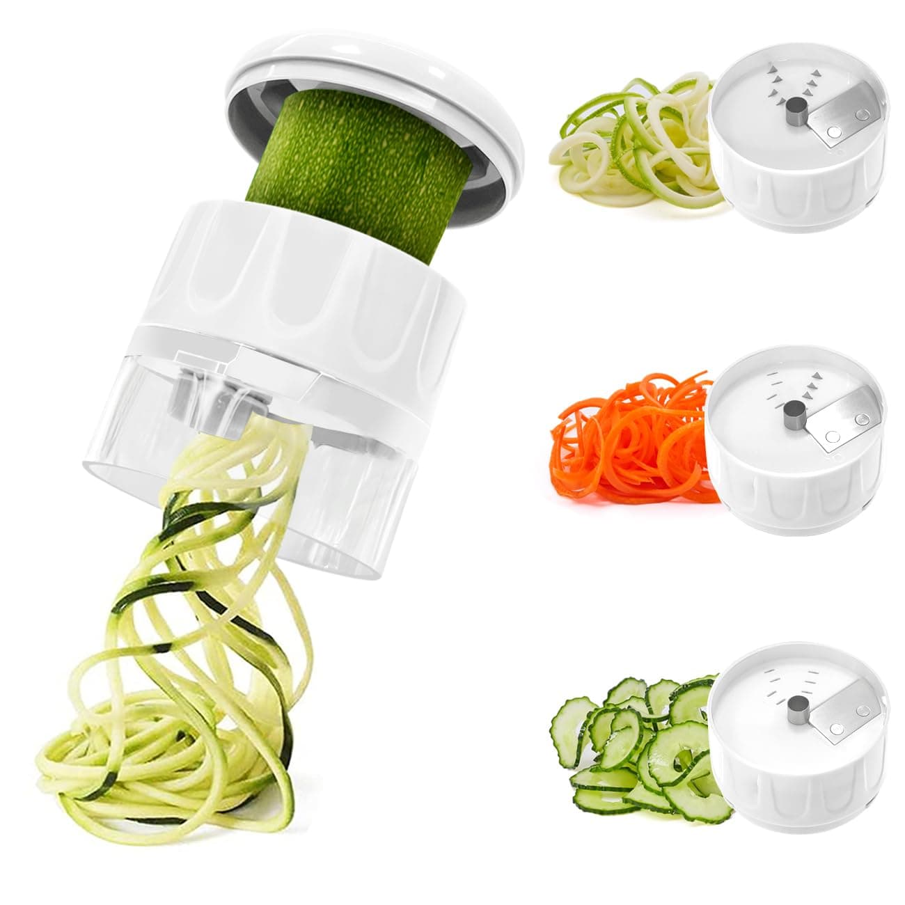 3 in 1 Vegetable Spiralizer Slicer, Adjustable Zucchini Carrot Noodle Maker, Cucumber Spiral Cutter, Easy to Use Kitchen Tool（White）