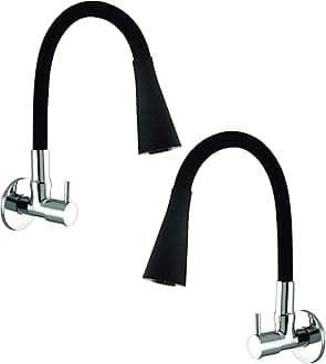 AZERA Wall-Mounted Brass Kitchen Sink Cock Tap/Faucet With Flexible Neck, Dual Function Black Finish, 2-Mode: Shower & Foam Flow (Turbo, Dual Black) Pack of 2