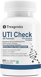 Trexgenics UTI CHECK Advanced Urinary Tract Cleanse & Function, Immunity Support with Optimized Cranberry 200mg, D-Mannose 250mg & Hibiscus 100mg & Vitamin C 40mg (60 Vcaps) (1)