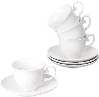 Tea Cups Set Of 4, Tea Cup And Saucer Set,6oz for Tea,Coffee, Latte, Cafe Mocha, Porcelain Tea Party Set (Pure white set of 4)