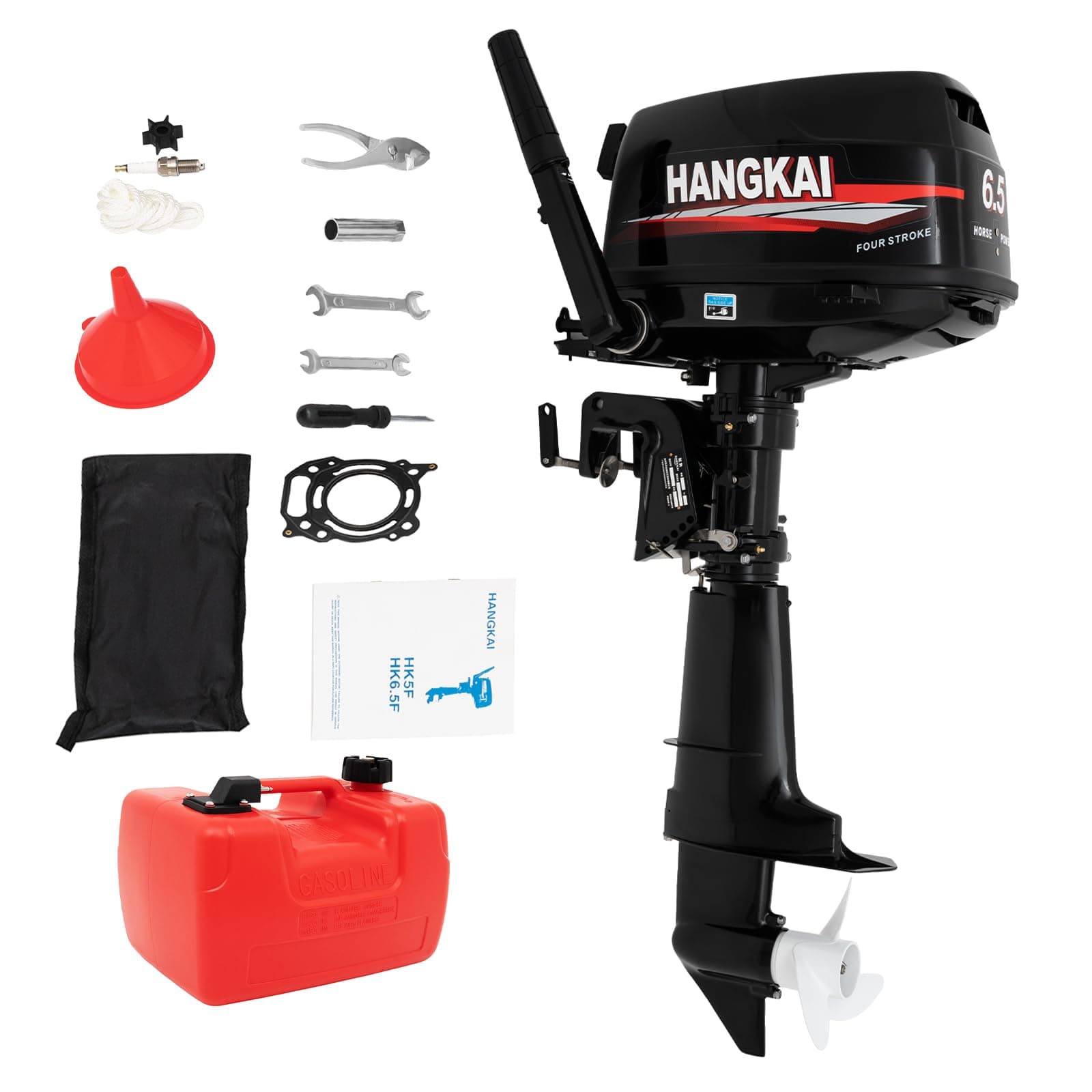 4-Stroke 6.5HP 123CC Boat Engine Marine Outboard Motor, CDI Water Cooling Motor Tiller Control Manual Start for Fishing Aquaculture Outdoor Adventure Boat with Fuel Tank and Hoses