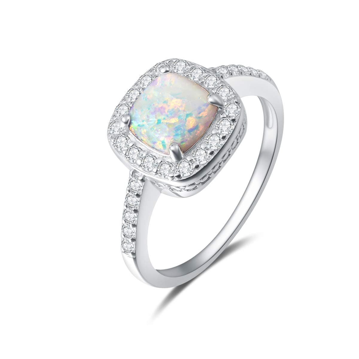 Created Opal Ring 925 Sterling Silver October Birthstone Cubic Zirconia CZ Halo Engagement Wedding Ring Fine Jewelry Gift for Women, All Size