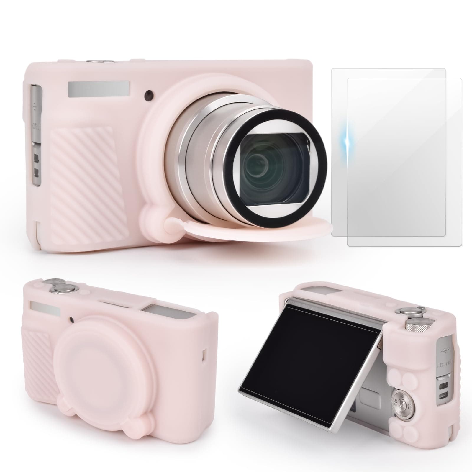 VOVMOEYA SX740 Camera Case Accessories Set[with 2 LCD Tempered Films],Silicone Protective Case Compatible with Canon PowerShot SX730 SX740 HS Digital Camera - Jelly Pink