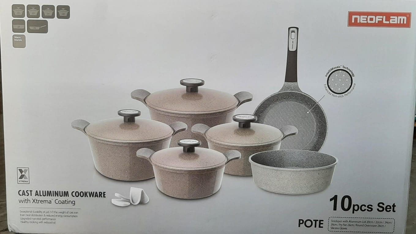 Pote,Cookware Set,10 Pcs,Decasted Aluminum,Marble coating,Items Sizes (Pots 20cm+22cm+24cm+28cm+ Frypan 26cm+ Round ovenware 28),Warm Marble color.