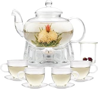 GURUDAR Glass Teapot Set, 34OZ/1000ML Glass Tea Kettle with Loose Tea Infuser & Warmer, 5oz/150ML Tea Cup & Saucer Set of 4, Stovetop & Microwave Safe Tea Maker, Blooming Tea Gift Set For Women