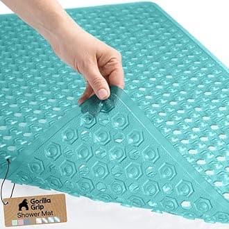GORILLA GRIP Patented Bath Tub Shower Mat, Machine Washable Bathtub Floor Liner Mats, Suction Cups and Drain Holes to Keep Tubs Clean, Soft on Feet, Bathroom Essentials, 35x16 Inch, Clear Turquoise