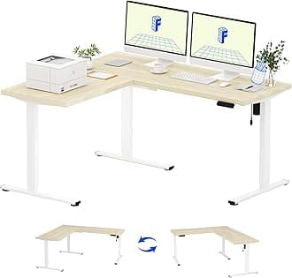FLEXISPOT L Shaped Standing Desk, 63 x 55 Inch Electric Height Adjustable Corner Desk, Sit Stand Computer Workstation, Preset Controller, Home Office, White Frame with Maple Top