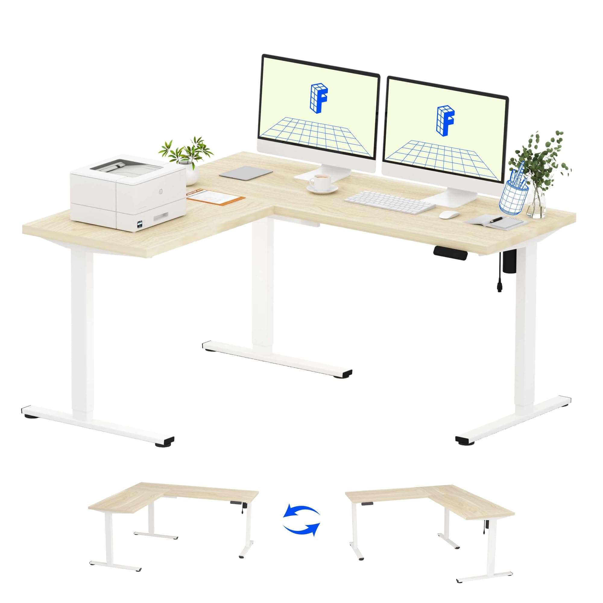 FLEXISPOT L Shaped Standing Desk, 63 x 55 Inch Electric Height Adjustable Corner Desk, Sit Stand Computer Workstation, Preset Controller, Home Office, White Frame with Maple Top