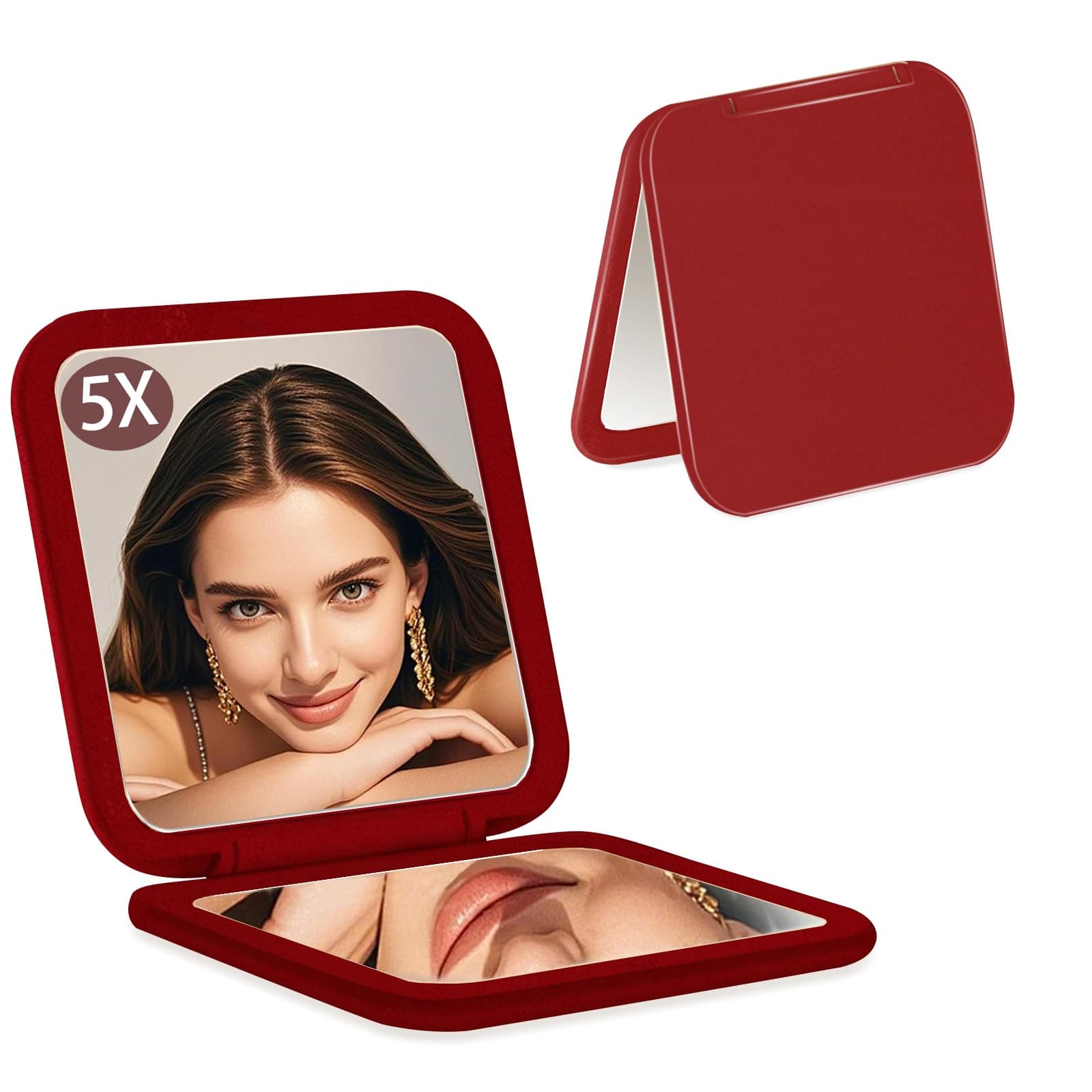 Small Compact Mirror for Purse,5X/1X Travel Magnifying Mirror for Women, Makeup Mirror for Girls, Portable Ultra Slim Pocket Mirror（Red）