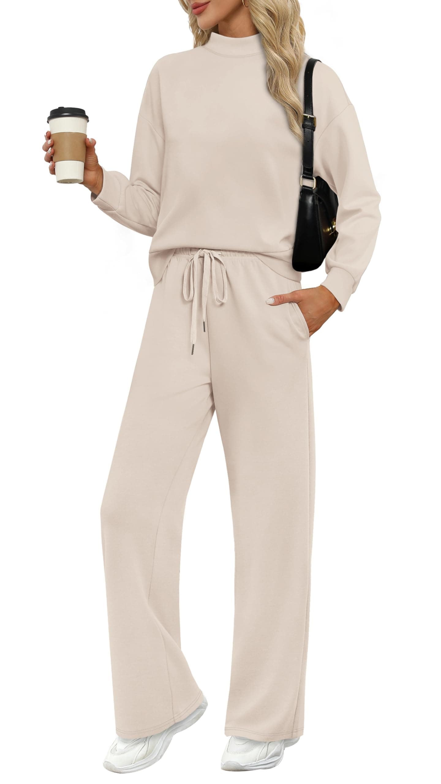 Two Piece Sets for Women Spring Outfits Lounge Sets Mock Neck Tops Wide Leg Pants Vacation Travel Airport Outfits