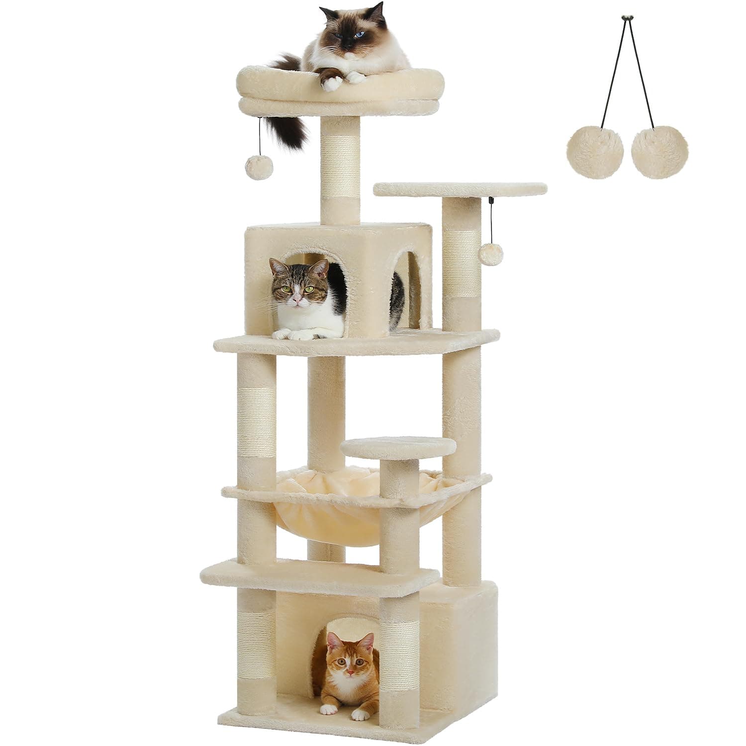 PAWZ Road Cat Tree, 53.5 Inches Tall Cat Tower with Spacious Hammocks, Condos and Scratching Posts, Cat House with Dual Padded Perches for Indoor Large Cats-Beige