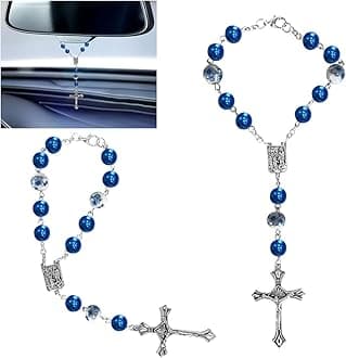 2Pcs Car Rosary For Rearview Mirror, Catholic Blue Ceramic Beads Interior Rear View Mirror Charm Auto Decors, Medal And Cross Hanging Accessories Women Men (Ceramic)