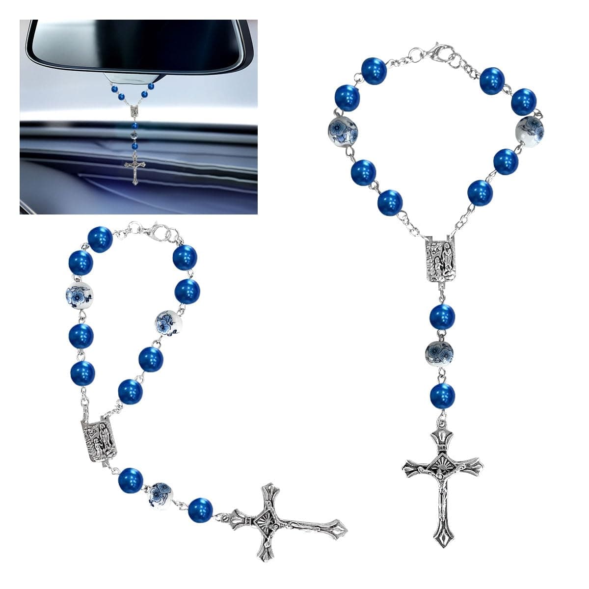 2PCS Car Rosary for Rearview Mirror, Blue Ceramic Beads Pendant Car Interior Rear View Mirror Charm Auto Decor, Medal and Cross Hanging Accessories for Women Men