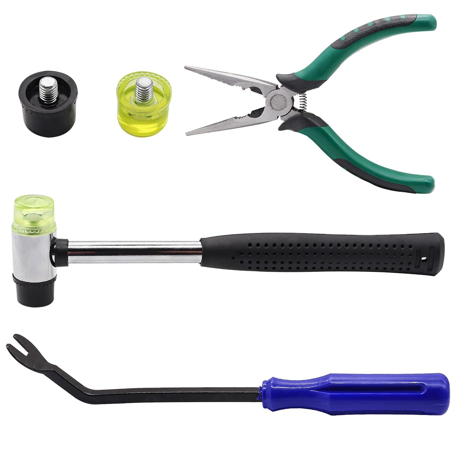 5PCS Upholstery Tools Kit - Dual Head Soft Rubber Mallet Hammer with 2PCS Replacement Head, Nail Tack Remover Tool & Removal Pliers for Furniture Floor Jewelry Craft Project etc