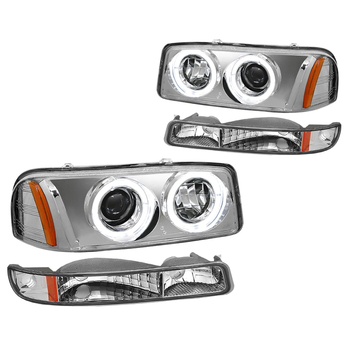 PM PERFORMOTOR Chrome Housing Amber Corner LED U-Halo Projector Headlight Replacement Compatible With 99-07 Sierra 1500/01-07 Sierra 2500 HD / 3500/1500 HD, PMHL-GSIE-9906-4P-HA-P-CA