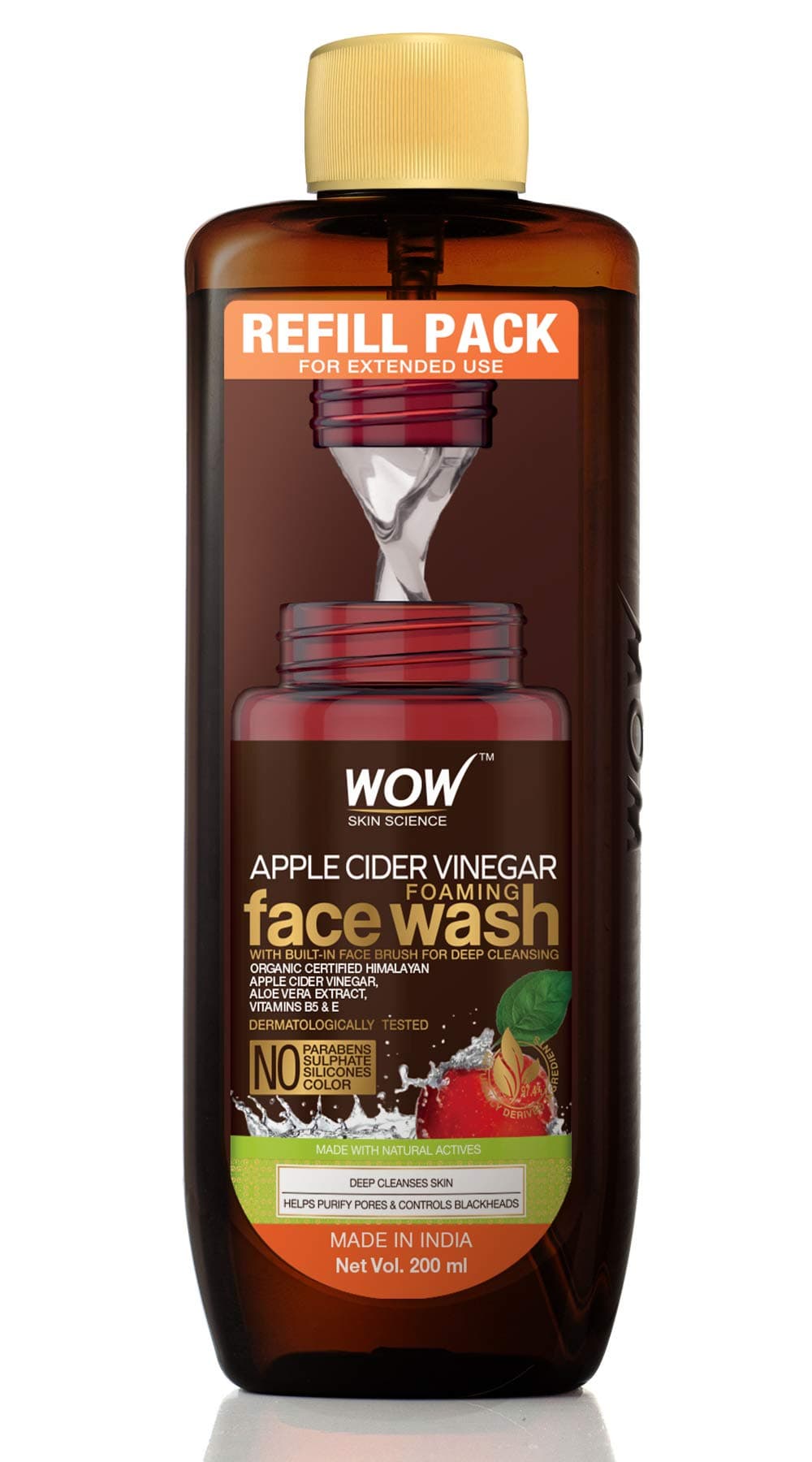 WOW Skin Science Apple Cider Vinegar Foaming Face Wash Refill Pack - with Organic Certified Himalayan Apple Cider Vinegar - For Extended Use - No Parabens, Sulphate, Silicones & Color - 200 ml