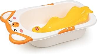 Bubble Baby Bathtub (White & Orange) & Anti Slip Baby Plastic Bath Chair (Yellow) for 6 Month - 3 Years, Bathtub with Drain Plug, Baby Bath Seat/Sling with Non Slip Suction Base