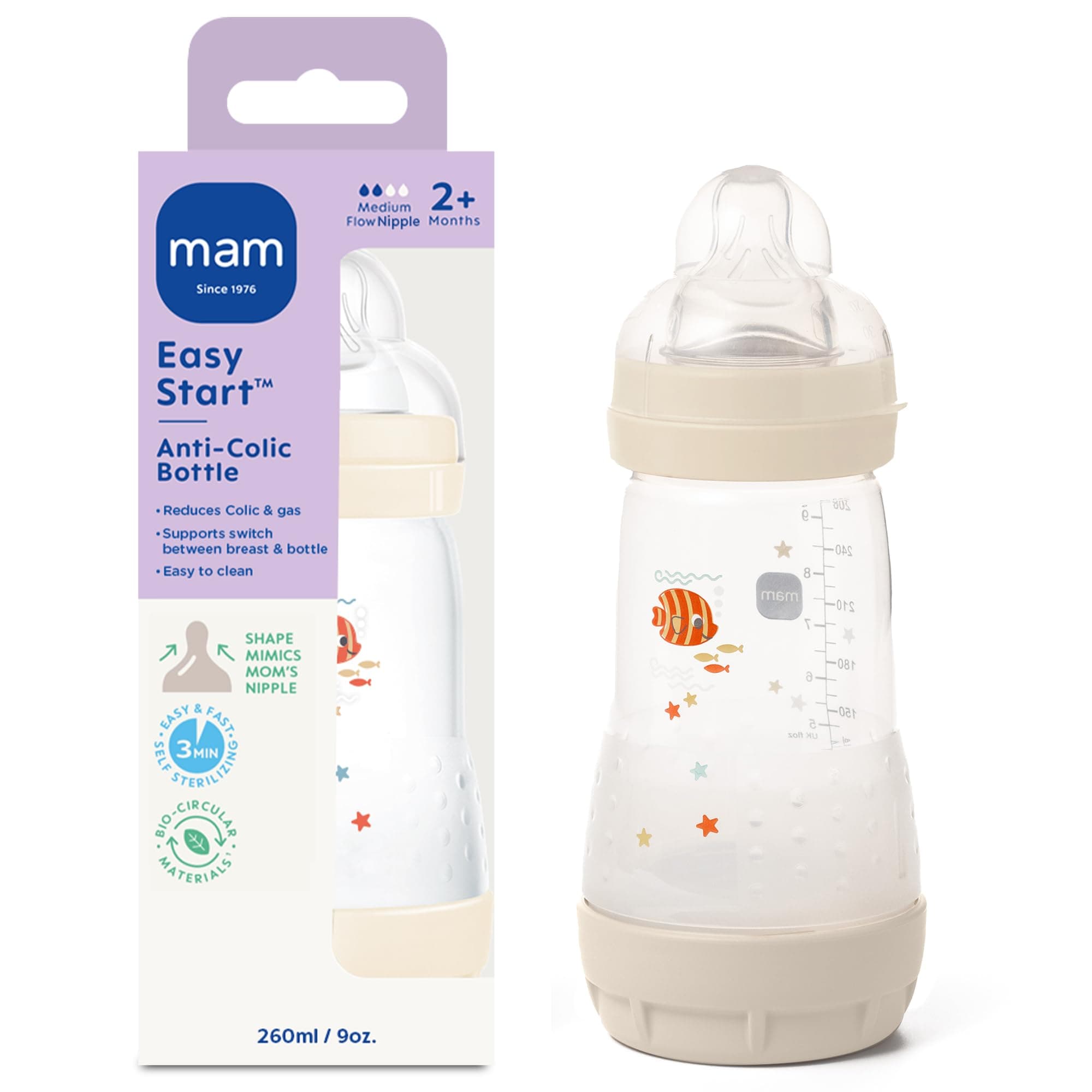 MAM 9oz Easy Start Anti-Colic Wide Neck Vented Baby Bottle, Medium Flow Breastfeeding-Like Nipple, Reduces Colic Gas & Reflux, Easy to Clean, BPA Free, 2+ Months, Made in Europe, 1 Pack