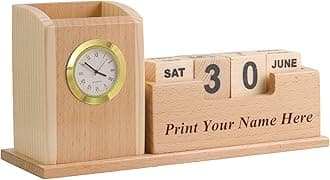Wooden Calendar with Watch,Visiting Card Along with Multiple Pen Pencil Holder (L-19.5cm B-7cmcm H-9.5cm_Multi Color)