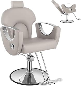 Reclining Salon Chair for Hair Stylist, Barber Chair with Heavy Duty Hydraulic Pump, Hair Salon Tattoo Braiding Chair Beauty Spa Equipment, Silver Taupe