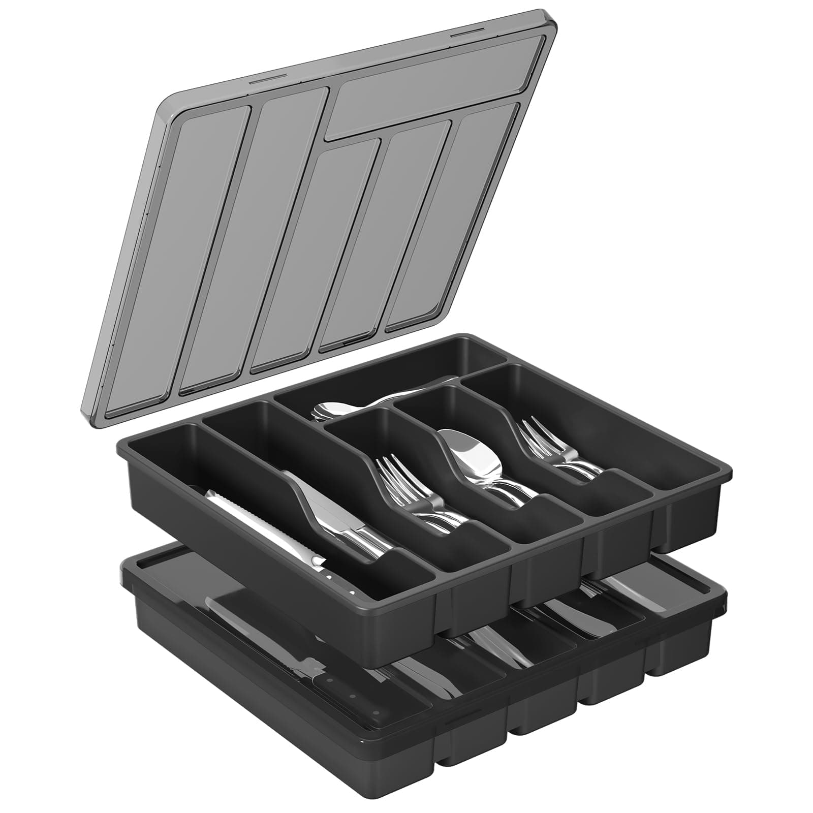 Lifewit Silverware Organizer with Lid, Covered Utensil Tray for Kitchen Drawer and Countertop, Plastic Cutlery and Flatware Storage Box for Spoons Forks Knives Holder, 6 Compartments, 2 Pack, Black
