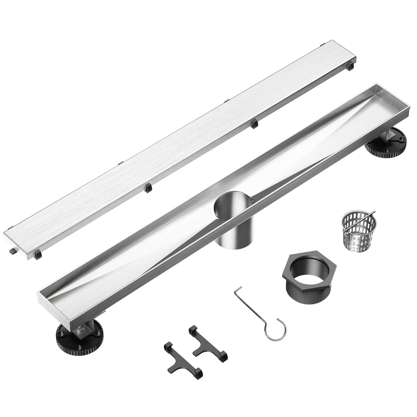 Neodrain 28-Inch Linear Shower Drain- With 2-in-1 Flat & Tile insert Cover, Brushed 304 Stainless Steel Rectangle Shower Floor Drain,Floor Shower Drain With Adjustable Leveling Feet, Hair Strainer