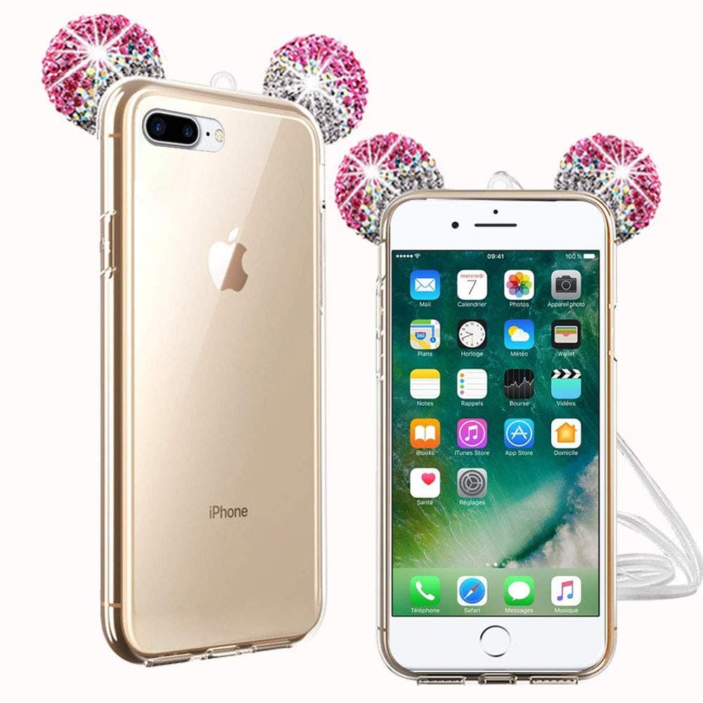 Case for iPhone 6/ 6S, 3D Sparkle Shiny Rhinestone Diamante Cute Mickey Minnie Mouse Ears Design, Ultra thin TPU Soft Shell with Lanyard Skin Care Shockproof Anti-Scratch - Mixing Color