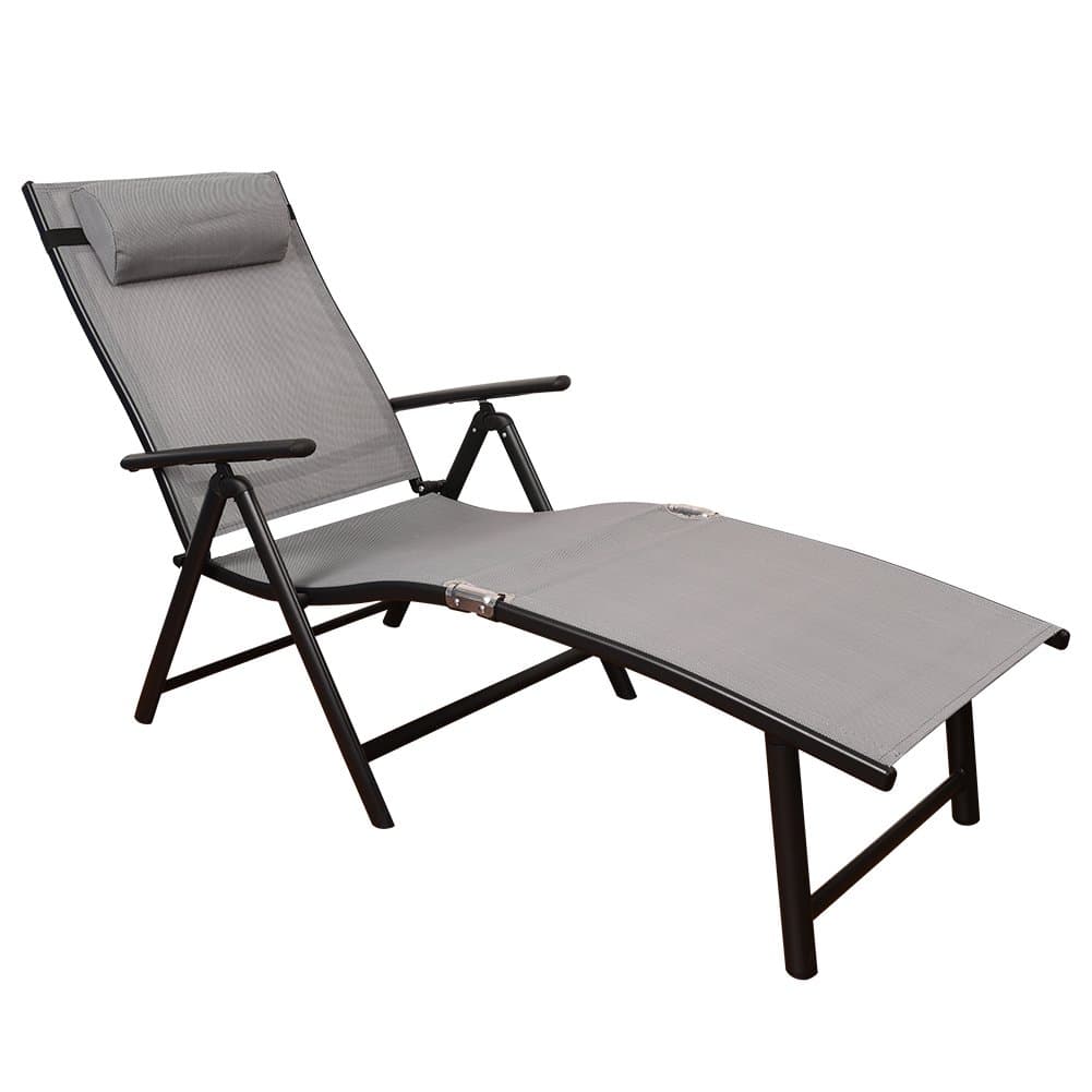Deluxe Aluminum Beach Yard Pool Portable Folding Reclining Adjustable Chaise Lounge Chair Recliner Outdoor Patio, Gray