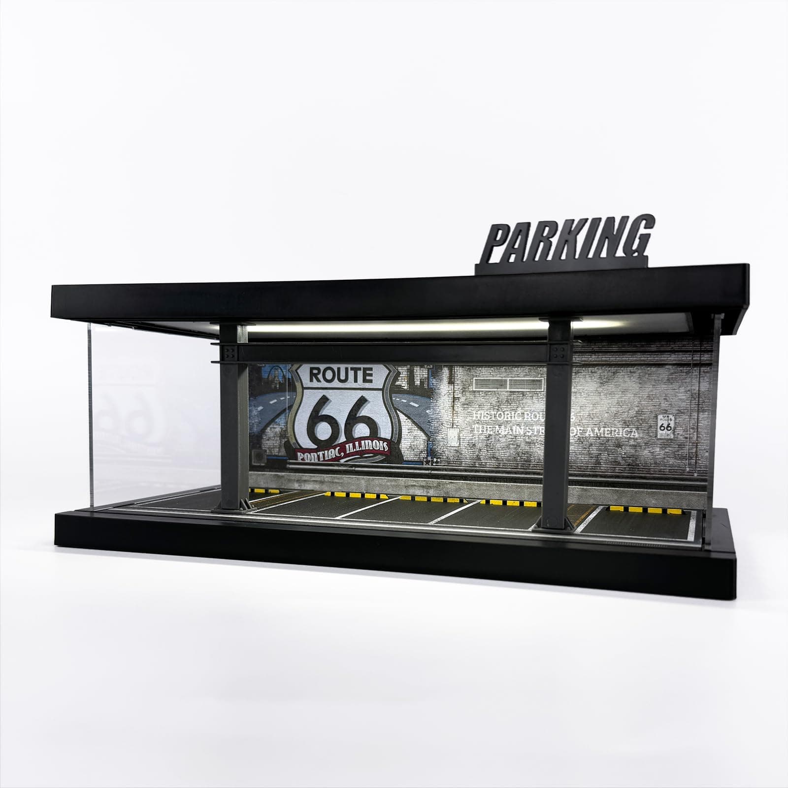 1/64 Diorama Plastic Display Case - Compatible with Hot Wheels Matchbox Mini GT Diecast Cars,for Model Car Display and Storage,Stackable Garage with LED Lights and Acrylic Cover (LM-Rou66)