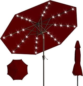 9FT Solar Umbrella 32 LED Lighted Patio Umbrella Table Market Umbrella w/Tilt and Crank Outdoor Umbrellas for Garden, Deck, Backyard, Pool and Beach, Burgundy