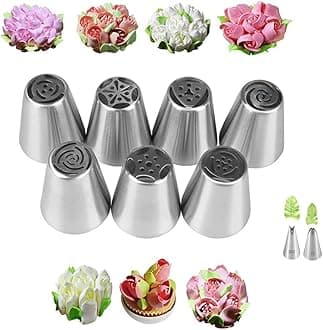 Russian Piping Nozzles Set with 7 Flower Piping Nozzles & 2 Leaf Icing Tips Nozzles for Frosting Cookie Cupcake Cake Decorating