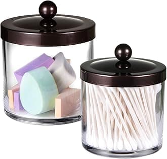 2-Pack Plastic Apothecary Jars with Bronze Metal Lids-25oz & 15oz Clear Acrylic Qtip Holder Set- Shatterproof Bathroom Vanity Organizer for Cotton Balls, Swabs-Modern Farmhouse Rustic Decor