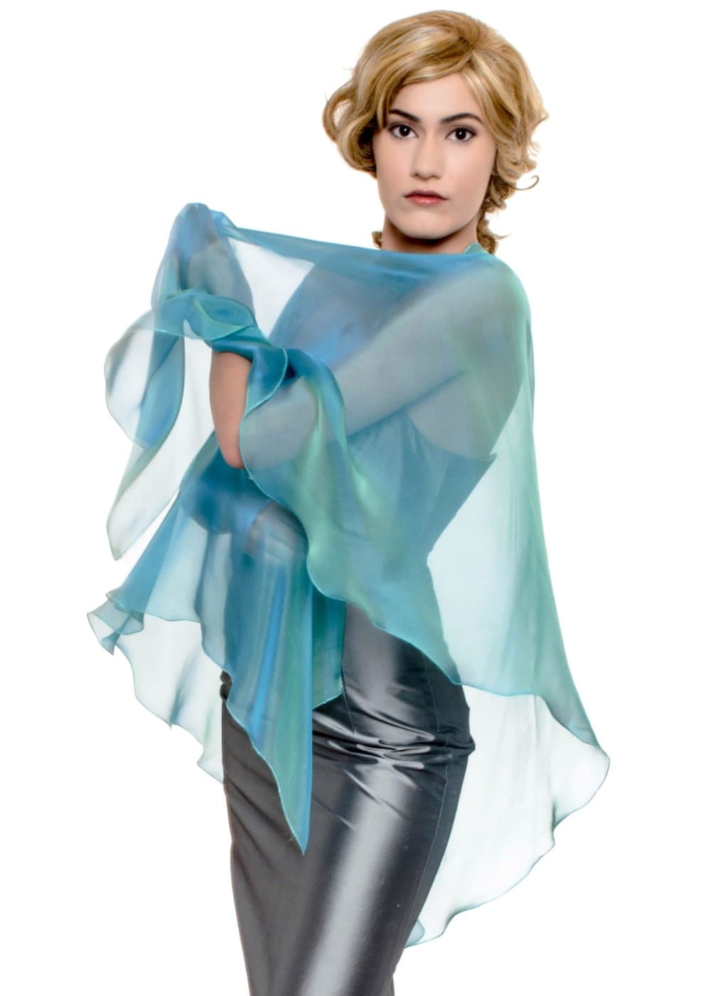 TRIANGULAR SHAWL for Wedding Evening Dress by Lena Moro. Peacock 100% Silk Chiffon