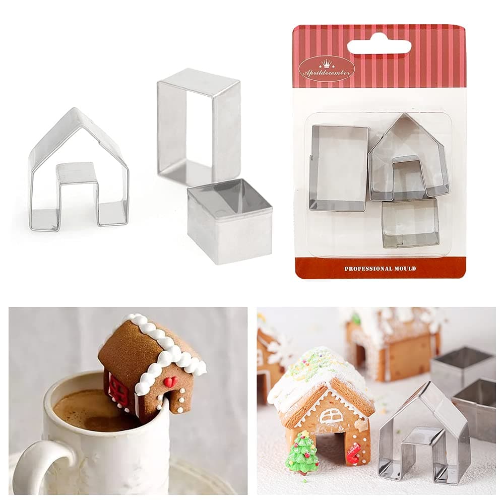 3Pcs Christmas House Cookie Cutter Set, Mini Ginger House Stainless Steel Cookie Cutter, Chocolate Biscuit Mold, DIY Gingerbread Baking Decorating Tools