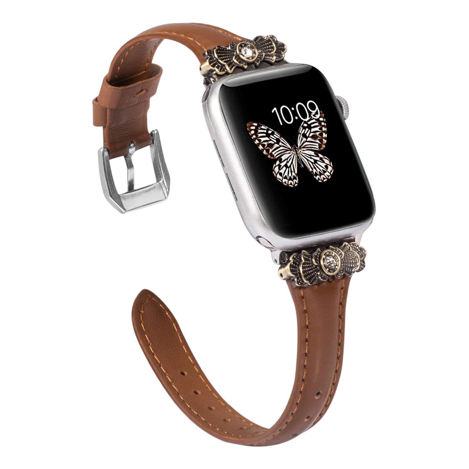 Wearlizer Brown Leather Compatible with Apple Watch Thin Band 38mm 40mm for iWatch SE Womens Slim Metal with Cute Decoration Strap Replacement Wristband Bracelet (Silver Clasp) Series 6 5 4 3 2 1