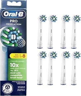 Oral-B Pro Cross Action Electric Toothbrush Head, X-Shape and Angled Bristles for Deeper Plaque Removal, Pack of 8 Toothbrush Heads, White