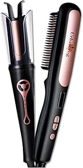 MakeMeeBold Hair Straightener Brush & Automatic Hair Curler, Frizz Free Hair, Easy Two-Way Curling, Ceramic Coated, 5 Temperature Controls, 4 Curl Settings, Anti-Scald Design, 1200W, Black