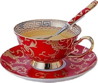 YBK Tech Euro Style Bone China Cup& Saucer Set, Ceramic Tea Coffee Cup for Home Kitchen Wedding (Retro Flower Pattern- Red)