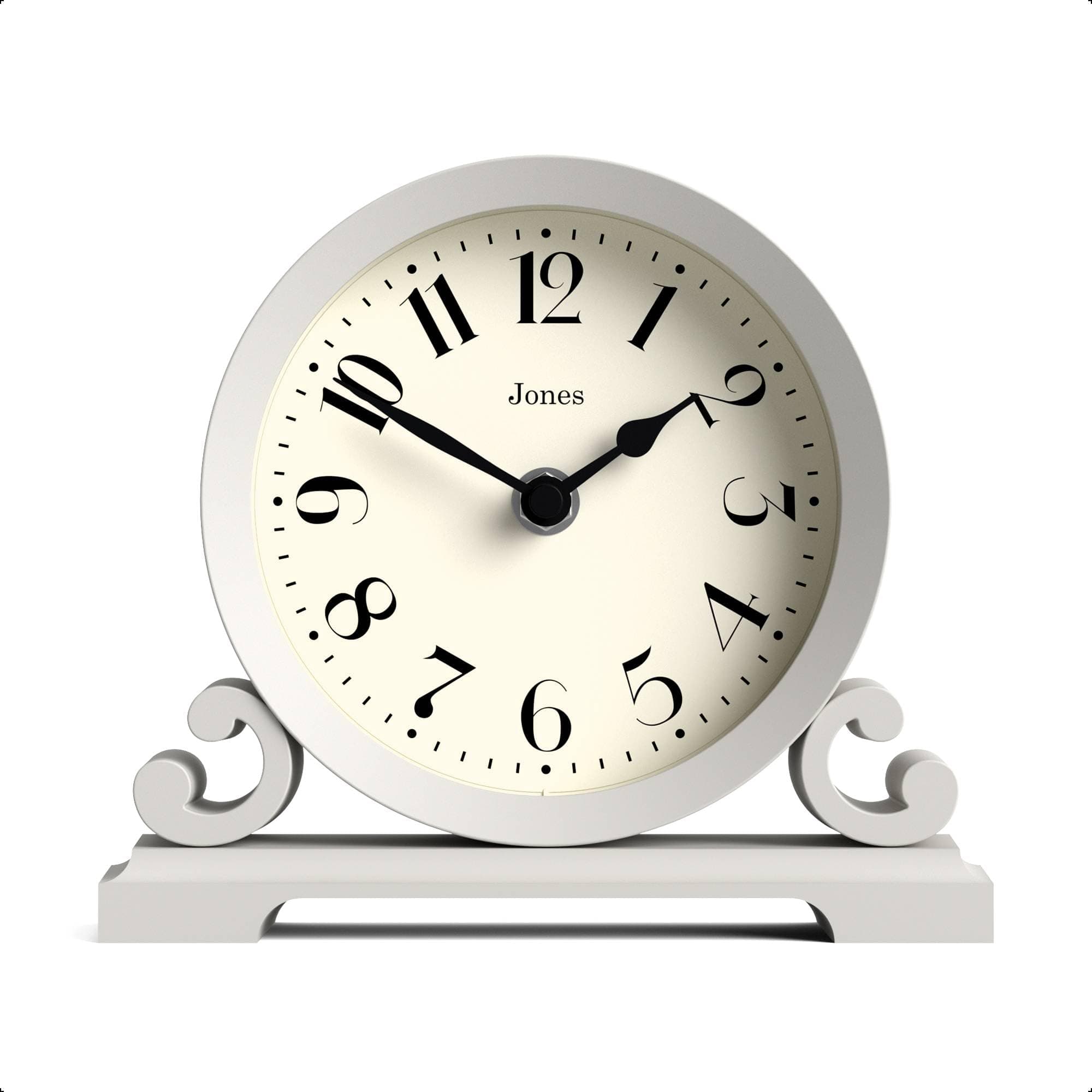 JONES CLOCKS® Saloon Mantel Clock | Small Traditional Double Scroll Design | Gray | Contemporary Classic Style for Desk, Table, Shelf or Bedside