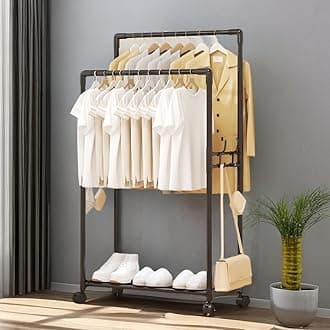 Goodern Double Rod Clothing Rack,Heavy Duty Clothes Hanging Rack,Garment Racks,Rolling Garment Rack with Wheels, Multi-functional Bedroom Clothes Rack for Hanging Clothes and Shoe Storage-Black