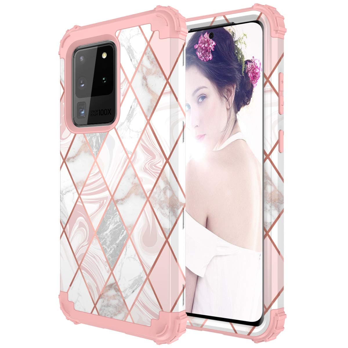 Galaxy S20 Ultra Case, Marble 3 Layer Heavy Duty Shockproof Case Hybrid Sturdy Armor Hard PC+Silicone Bumper Full-Body Protective Case for Samsung Galaxy S20 Ultra 5G (6.9", 2020)-Rose Gold