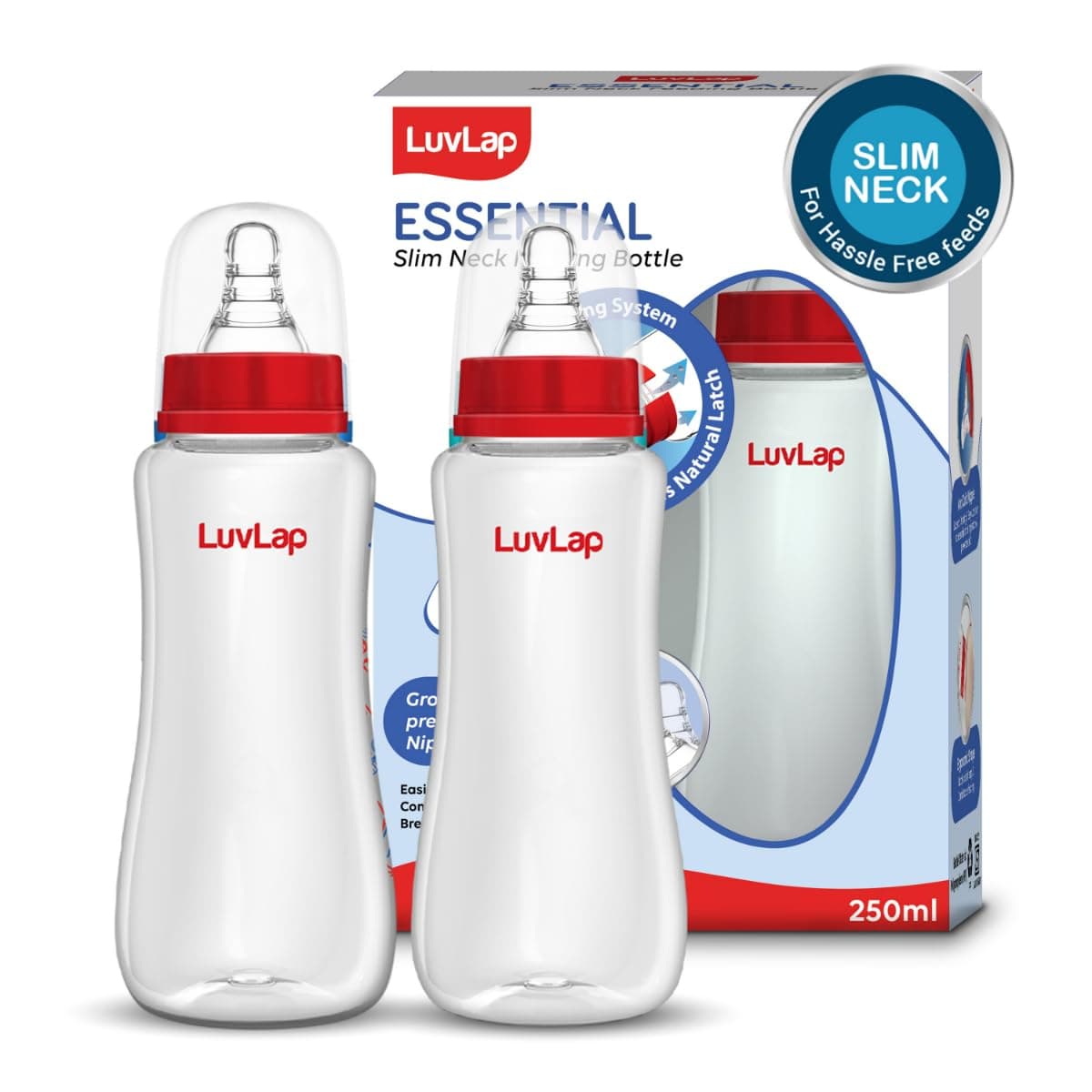 LuvLap Anti-Colic Slim/Regular Neck Essential Baby Plastic Feeding Bottle, 250Ml (Pack of 2), New Born/Infants/Toddler Upto 3 Years, BPA Free