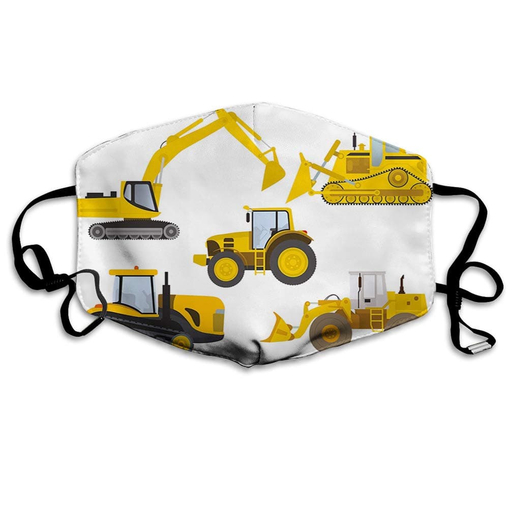 3D Print Anti-Dust Earloop Face Mask for Women Men, Animation Inspired Heavy Machinery Drawing Construction Cartoon Bulldozer Print