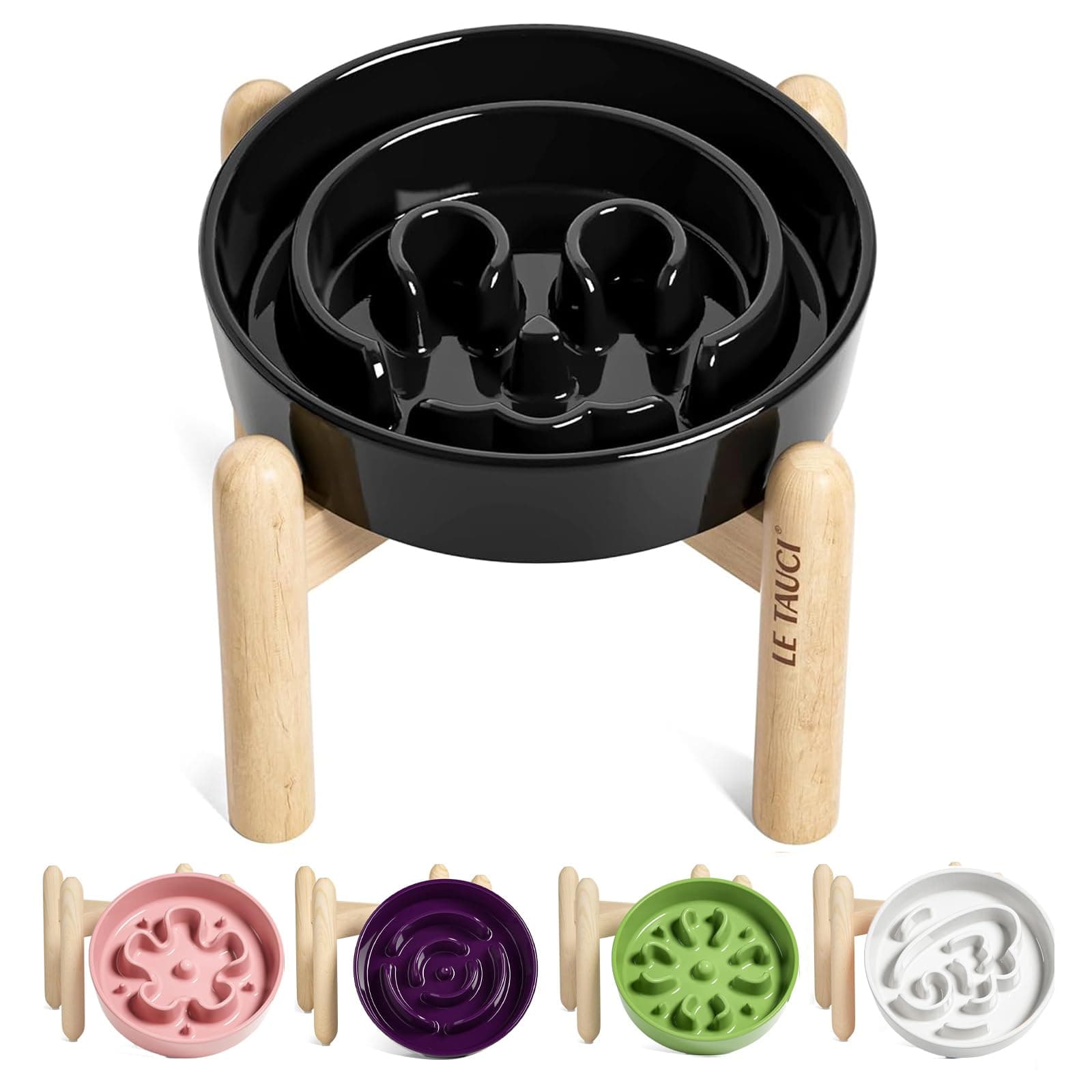 LE TAUCI Ceramic Slow Feeder Dog Bowls Elevated, 0.6 Cups Raised Dog Bowl with Wooden Stand for Small Breed, Pet Dishes to Slow Down Eating, Skull Black