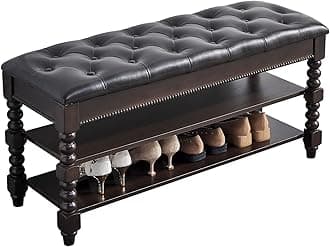 Shoe Storage Bench, Entryway Shoe Rack with Leather Seat 2-Tier Lift-top Organizer Wooden Bench for Foyer Bedroom Living Room Accent Furniture (39.4'')