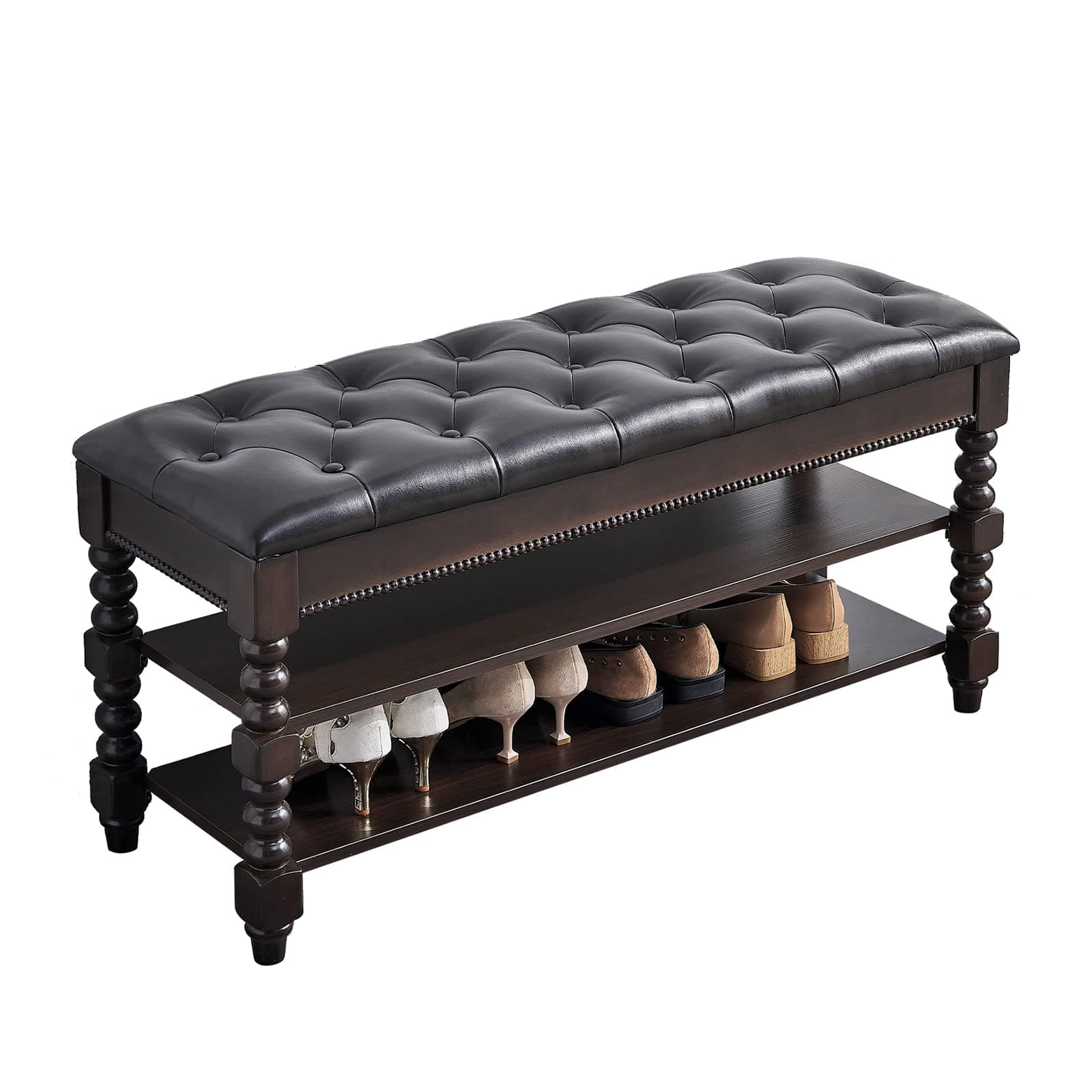 Shoe Storage Bench, Entryway Shoe Rack with Leather Seat 2-Tier Lift-top Organizer Wooden Bench for Foyer Bedroom Living Room Accent Furniture (39.4'')