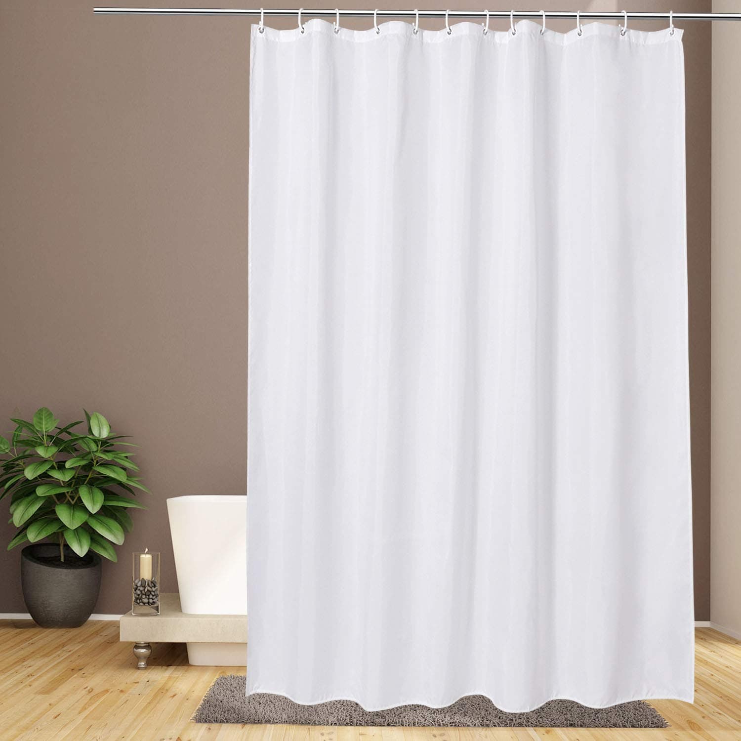 White Extra Long Shower Curtain 240cm Drop with 12 Free Hooks, Water repellent Mould Resistant Fabric Shower Curtain 180 x 240 cm Long,Easy Clean Machine Washable