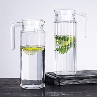 SYANKA Premium Water and Juice Glass Jug Pitcher with lid (Set of 2), 1.1-Liter, Hot Cold Water Pitcher Water Jug for Dining Table, Iced Tea, Milk and Juice Beverage Carafe, Lemon Jug.