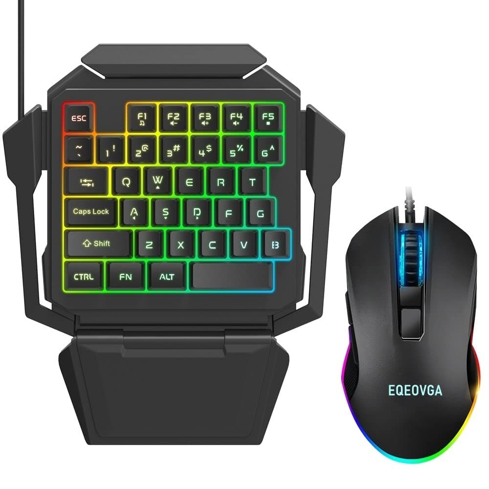 One Hand Gaming Keyboard and Mouse Combo, 39 Keys PUBG Keycap Version Wired Mechanical Feel Rainbow Backlit Half Keyboard, Support Wrist rest, USB Wired Gaming Mouse for Gaming