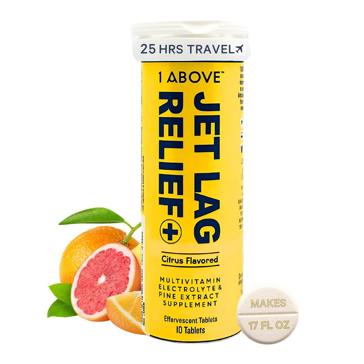 1Above Jet Lag Relief Tablets - Citrus-Flavored Effervescent Multivitamin with Pycnogenol Travel Supplement for Hydration, Energy, Immune Support and Faster Recovery - Flight Essential, 10 Tablets